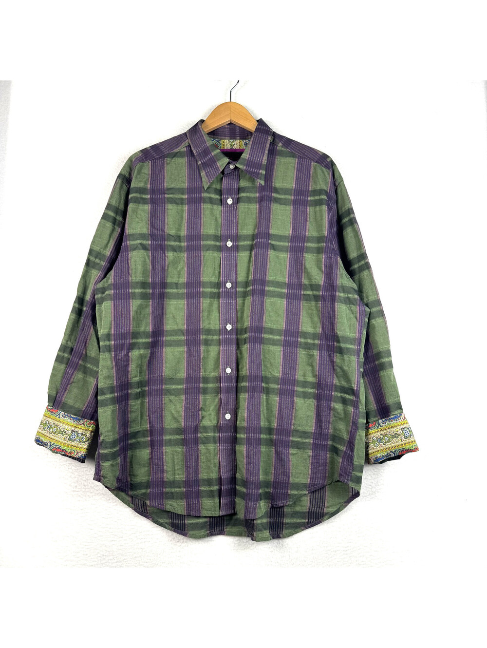 Robert Graham Mens 2XL Flip Cuff Purple Green Plaid Long Sleeve Button Up Shirt